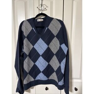 J Crew Sweater Mens XL Blue Gray  100% Lambswool Argyle Diamond Pullover